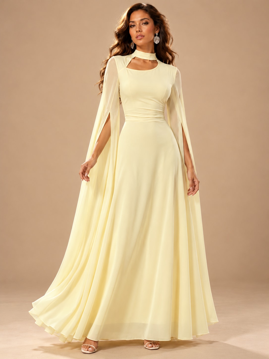 Yellow Cape Sleeve Cutout Maxi Dress for Formal Parties