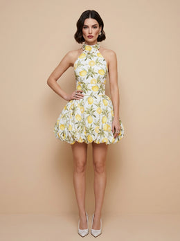 KoKodress Lemon Print Halter Bubble Mini Dress for Summer Party