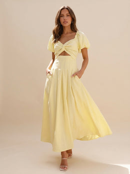 KoKodress Puff Sleeve Twist Cutout Maxi Dress for Summer Weddings
