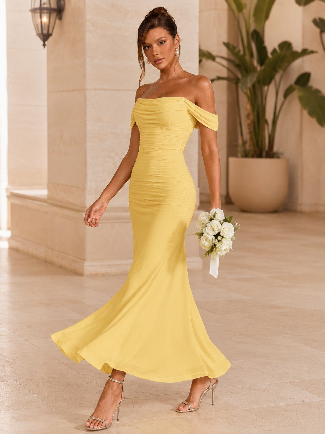 Yellow Teal Ruched Mermaid Maxi Dress for Wedding Guest