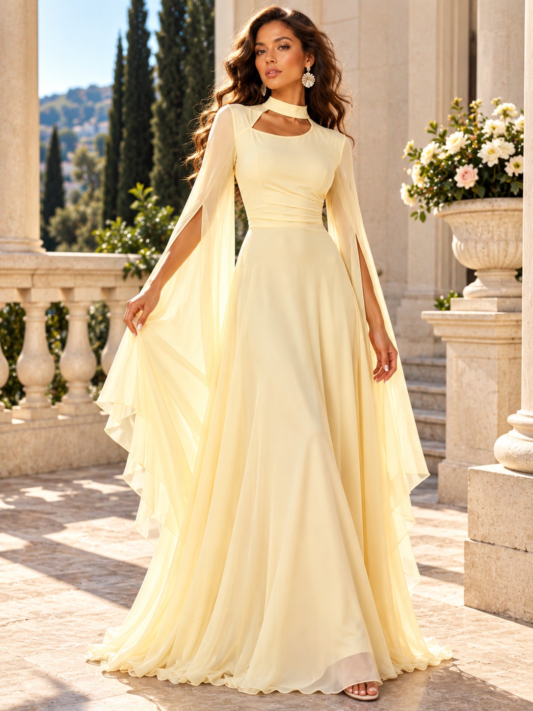 Yellow Cape Sleeve Cutout Maxi Dress for Formal Parties