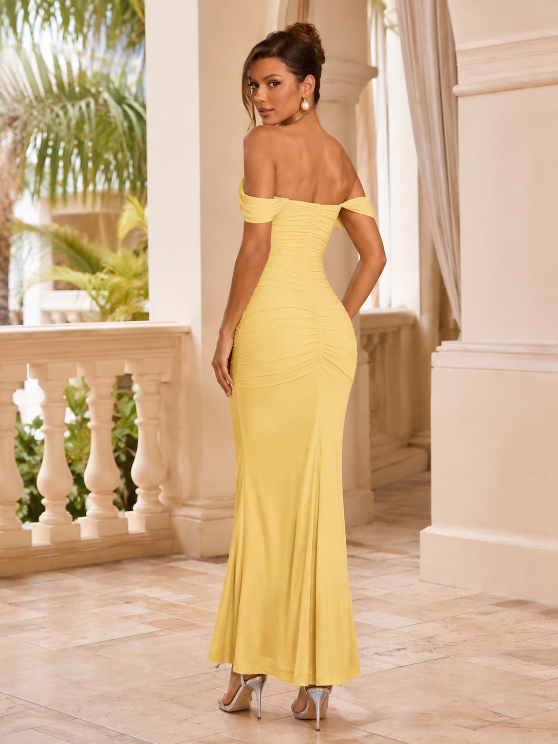 Yellow Teal Ruched Mermaid Maxi Dress for Wedding Guest