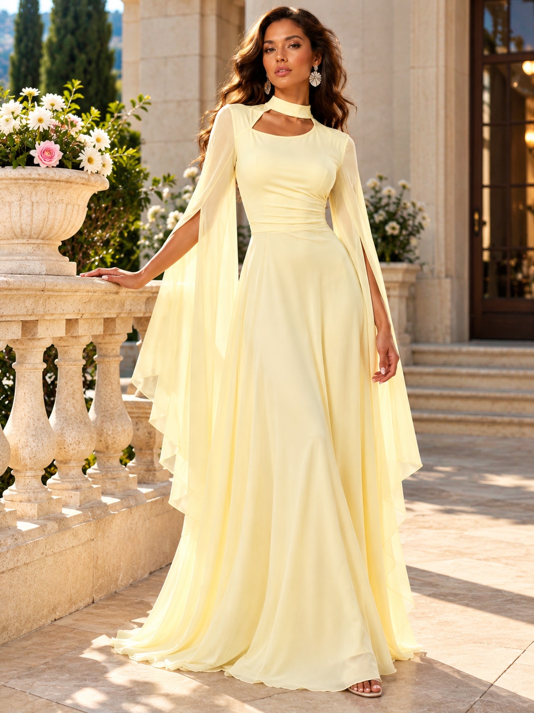 Yellow Cape Sleeve Cutout Maxi Dress for Formal Parties