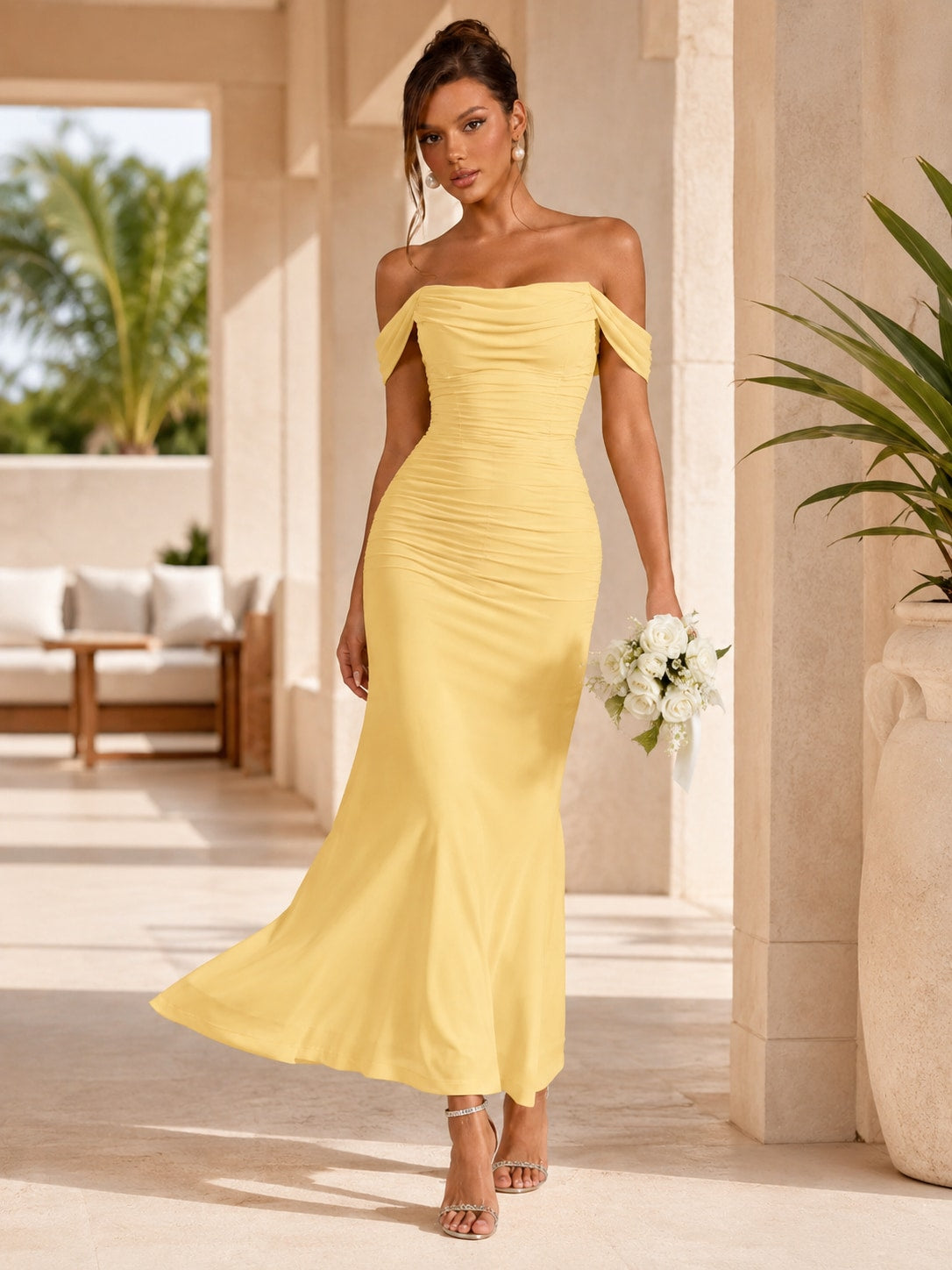 Yellow Teal Ruched Mermaid Maxi Dress for Wedding Guest