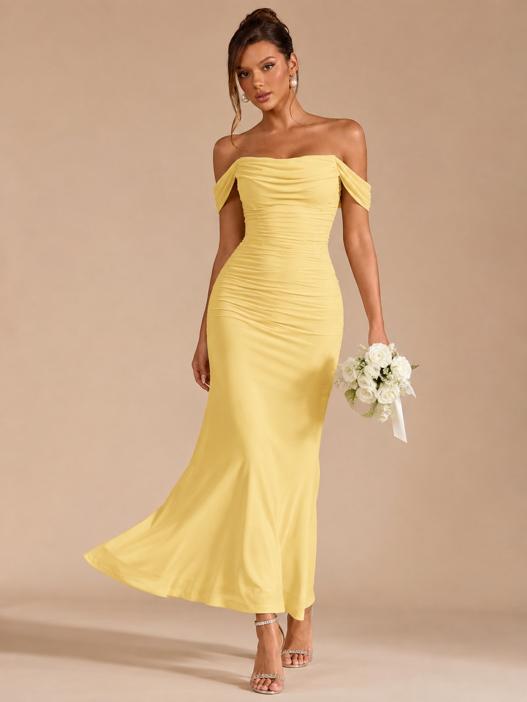 Yellow Teal Ruched Mermaid Maxi Dress for Wedding Guest