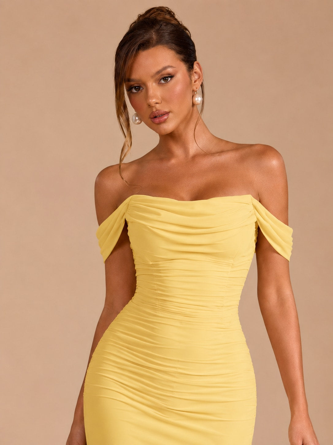 Yellow Teal Ruched Mermaid Maxi Dress for Wedding Guest