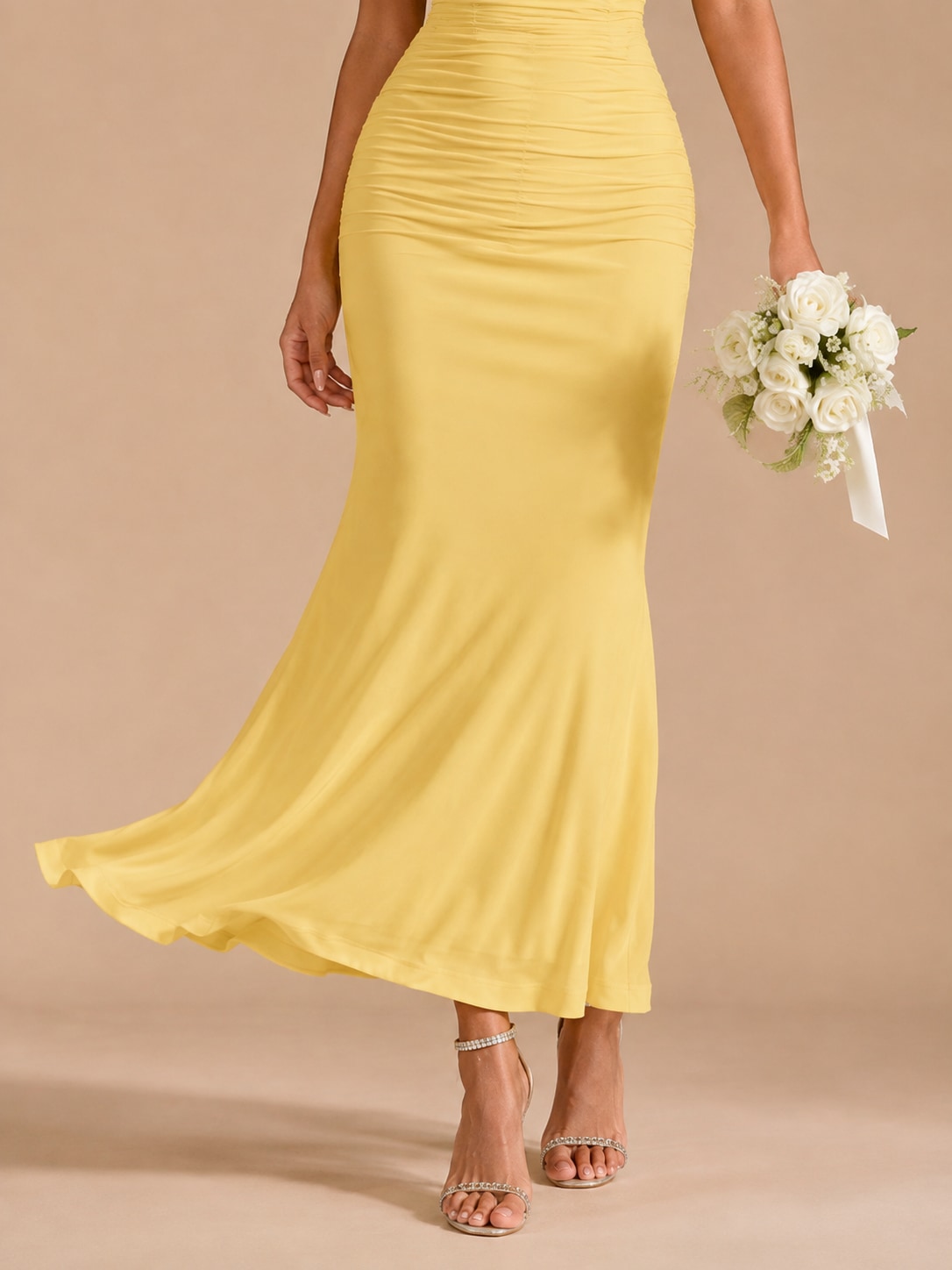 Yellow Teal Ruched Mermaid Maxi Dress for Wedding Guest