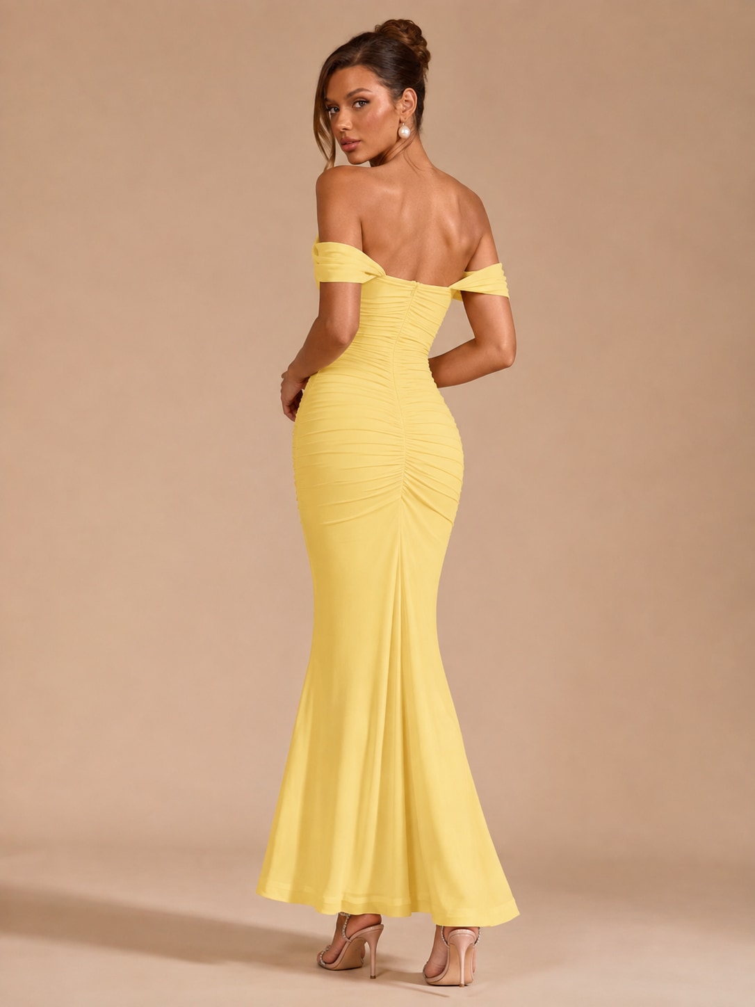 Yellow Teal Ruched Mermaid Maxi Dress for Wedding Guest