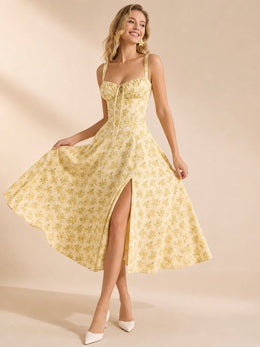 KoKodress Floral Corset Tie-Front Slit Midi Dress for Wedding Guest