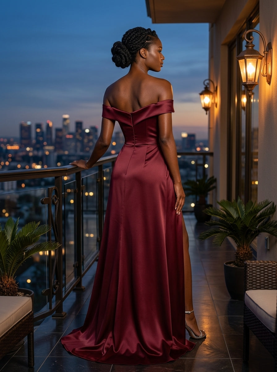Kokodree Emerald Off-Shoulder Satin Maxi Dress with Slit for Formal Events