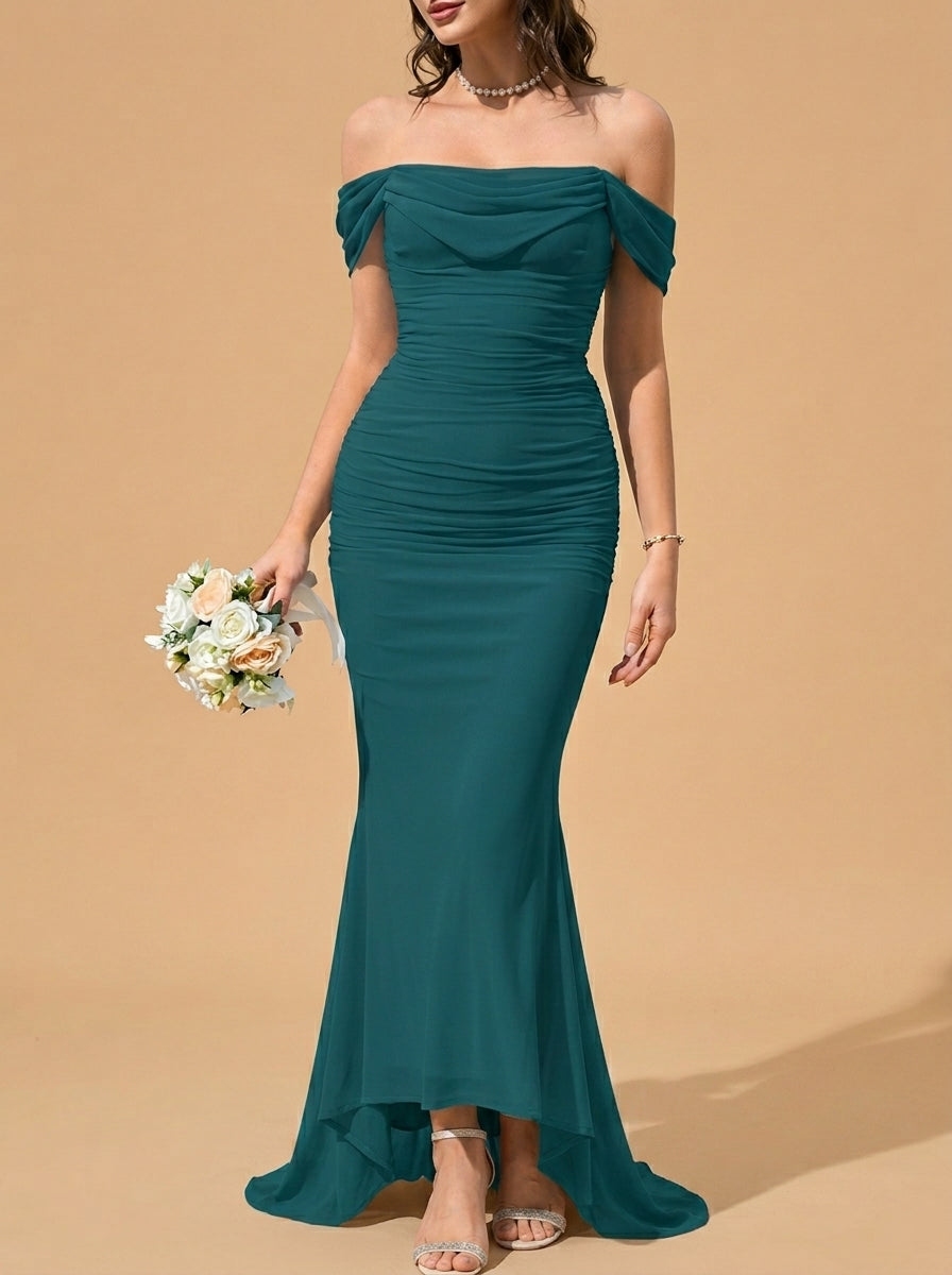 Kokodress Teal Off-Shoulder Ruched Mermaid Maxi Dress for Wedding Guest