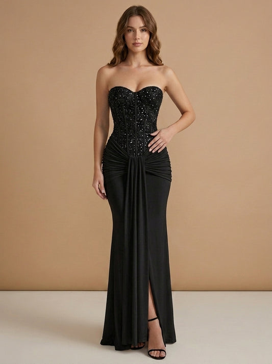 Kokodress Beaded Corset Sweetheart Maxi Dress with Slit for Formal