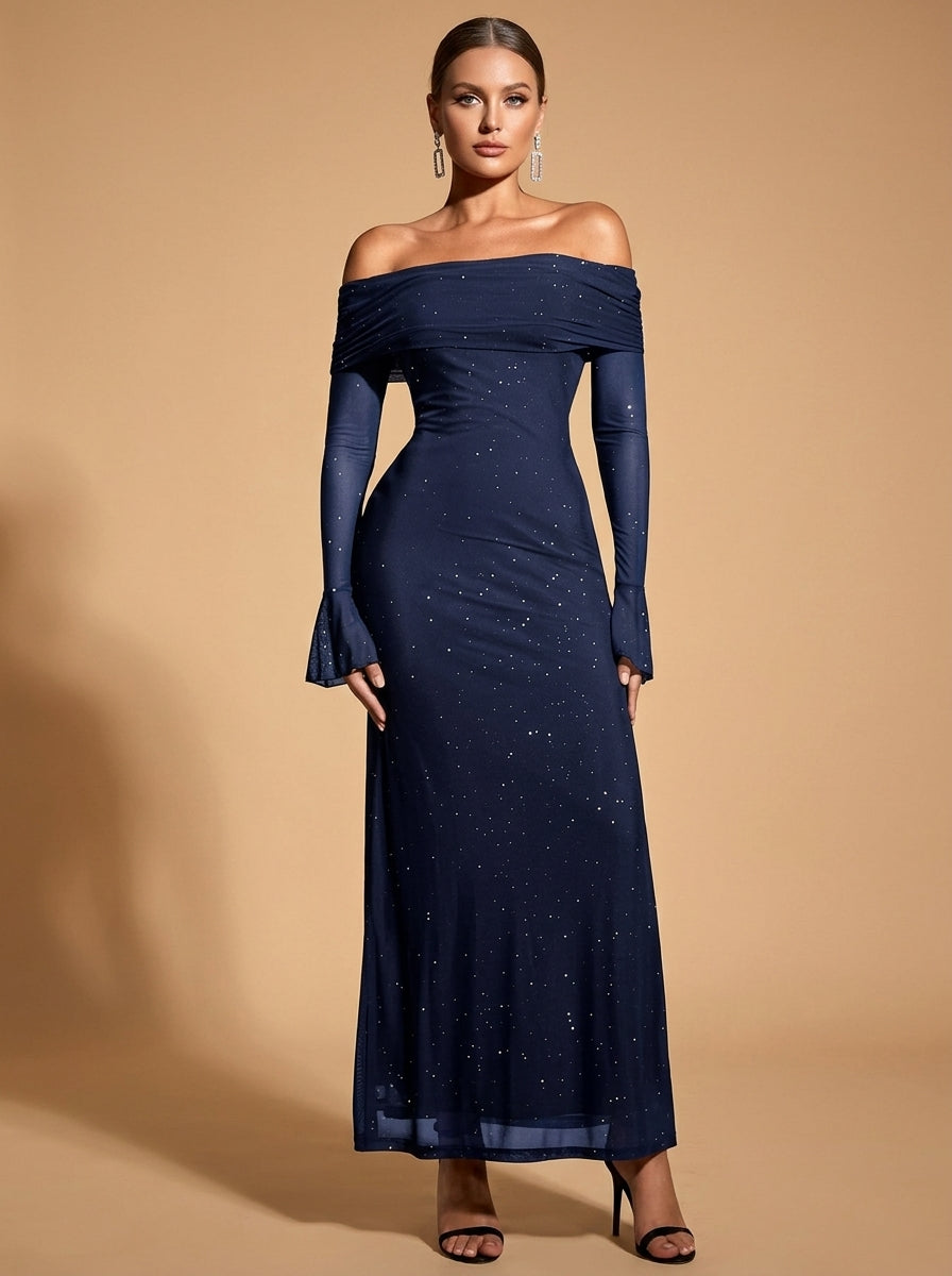 Kokodress Off-Shoulder Sparkly Flare Sleeve Maxi Dress for Evening