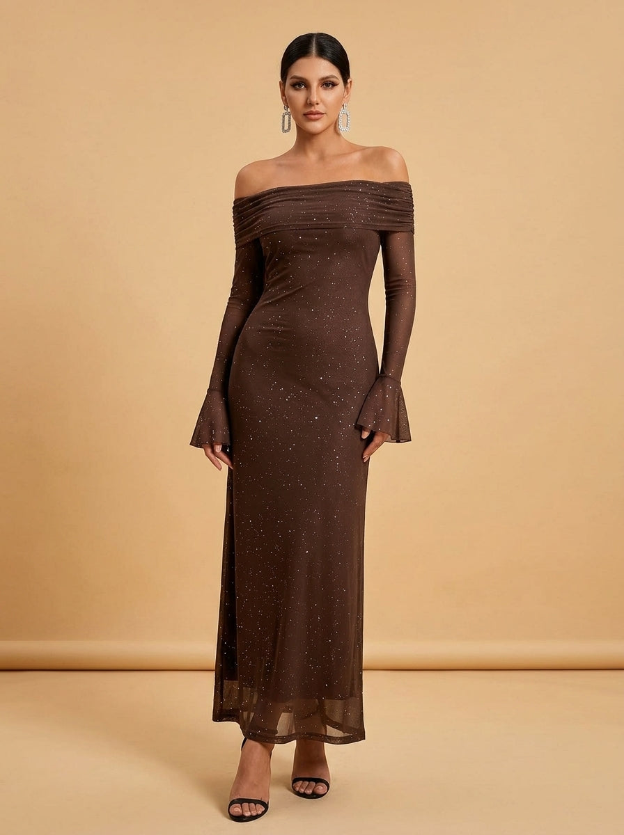 Kokodress Off-Shoulder Sparkly Flare Sleeve Maxi Dress for Evening