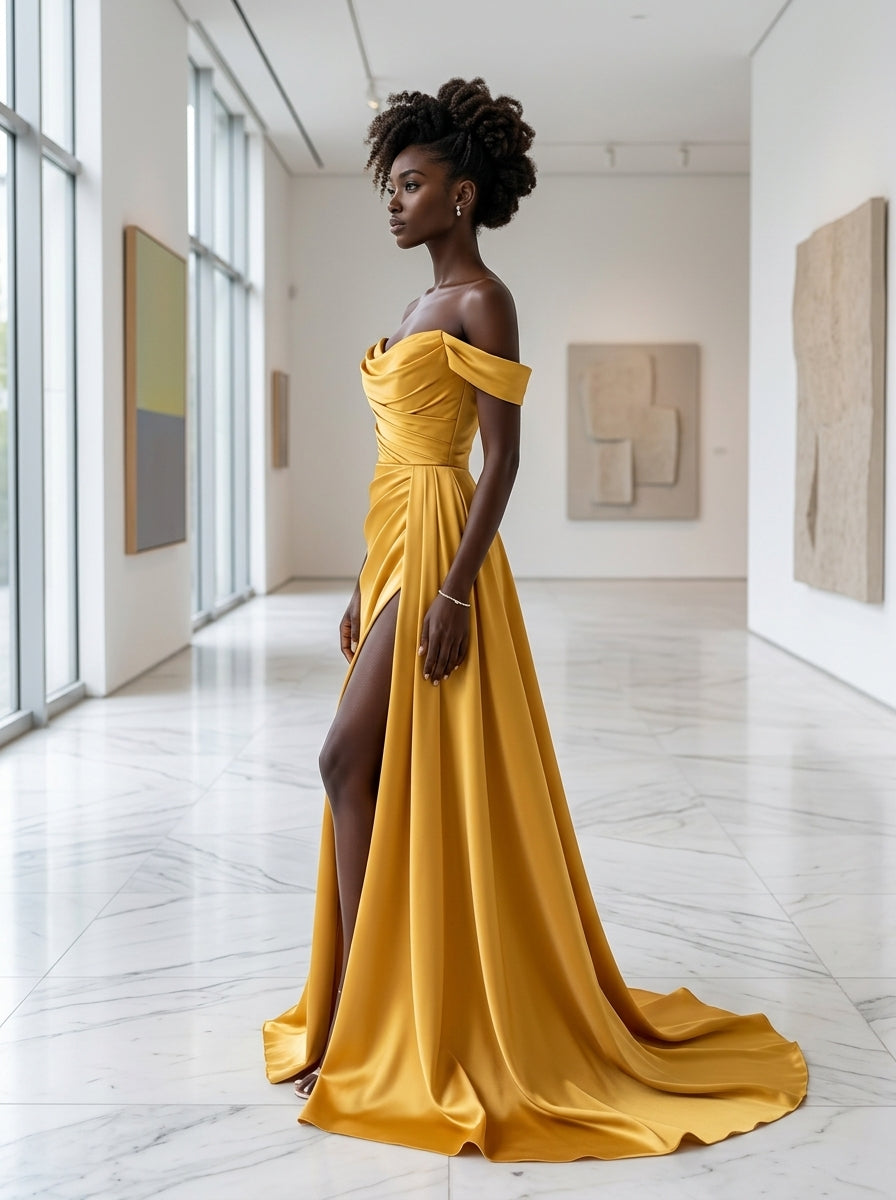 Kokodree Emerald Off-Shoulder Satin Maxi Dress with Slit for Formal Events