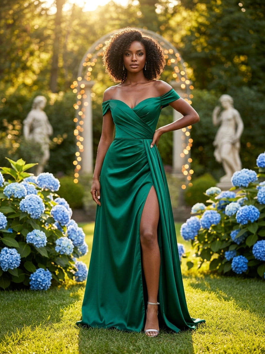 Kokodree Emerald Off-Shoulder Satin Maxi Dress with Slit for Formal Events