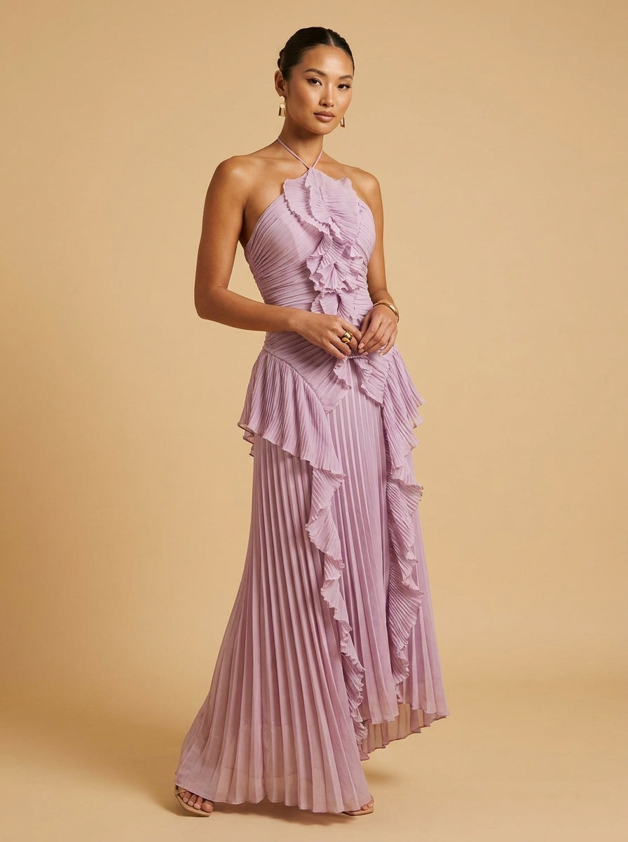 Kokodress Lavender Halter Pleated Ruffle Maxi Dress for Wedding Guest & Formal