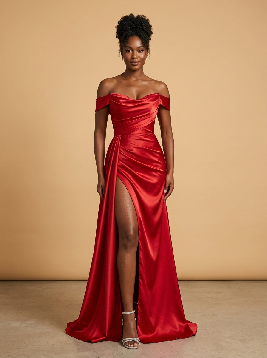 Kokodree Emerald Off-Shoulder Satin Maxi Dress with Slit for Formal Events