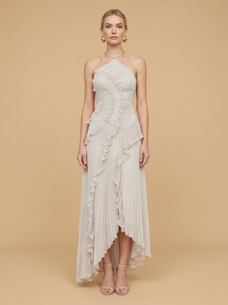 Kokodress Lavender Halter Pleated Ruffle Maxi Dress for Wedding Guest & Formal