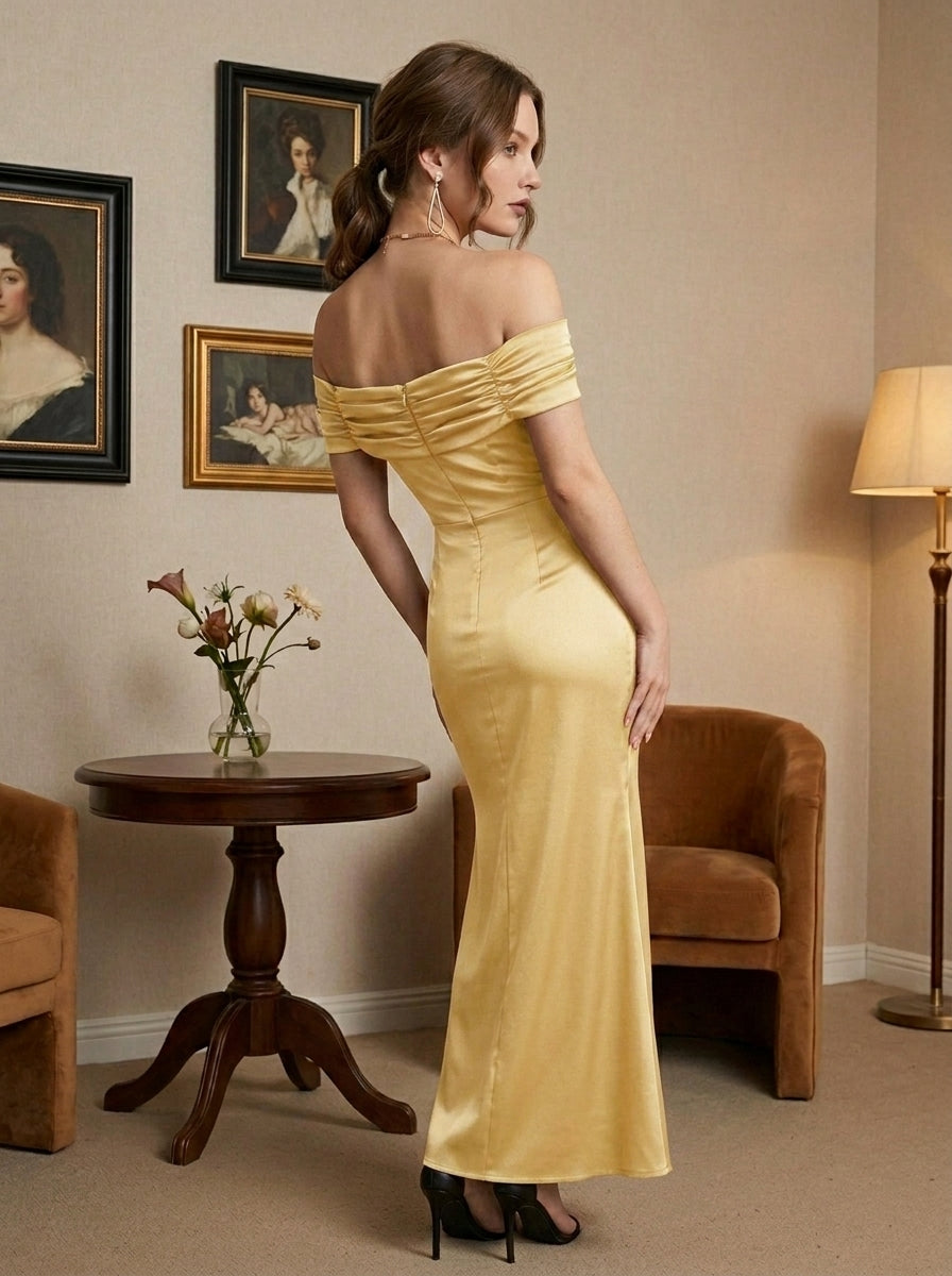 Kokodress Satin Off-Shoulder Ruched Maxi Dress for Formal Events