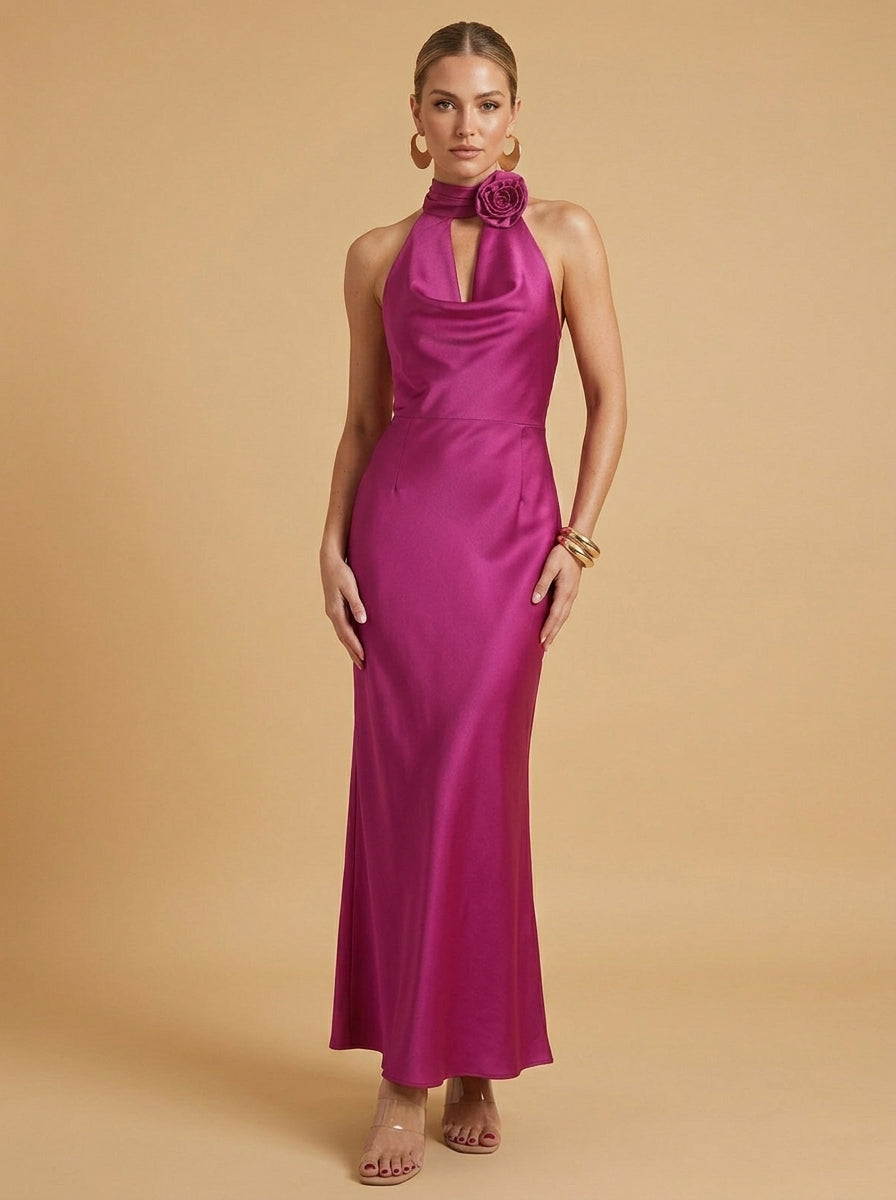 Kokodress Satin Halter Neck Maxi Dress with 3D Flower for Party