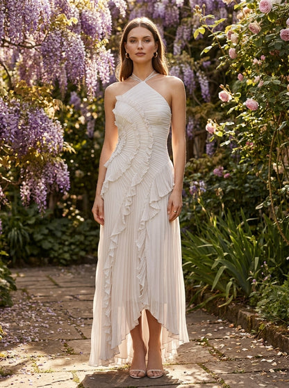 Kokodress Lavender Halter Pleated Ruffle Maxi Dress for Wedding Guest & Formal