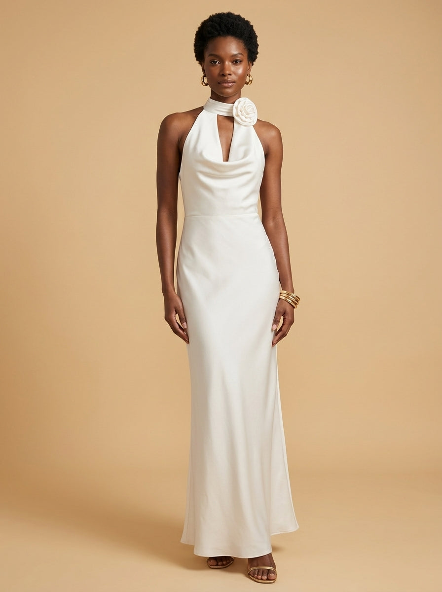 Kokodress Satin Halter Neck Maxi Dress with 3D Flower for Party