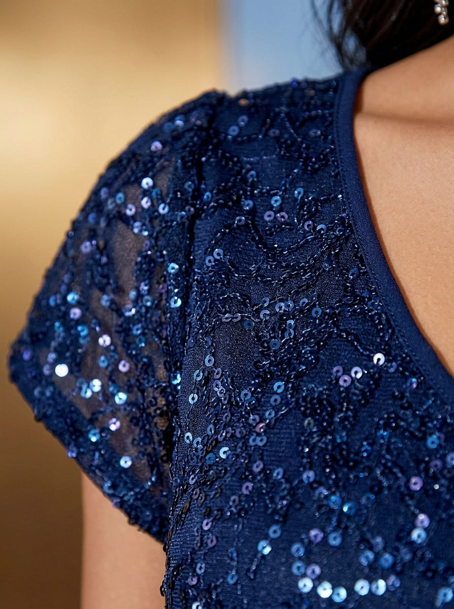KoKodress Plum V-Neck Sequin Lace Short-Sleeve Midi Dress for Cocktail | detail-5.jpg