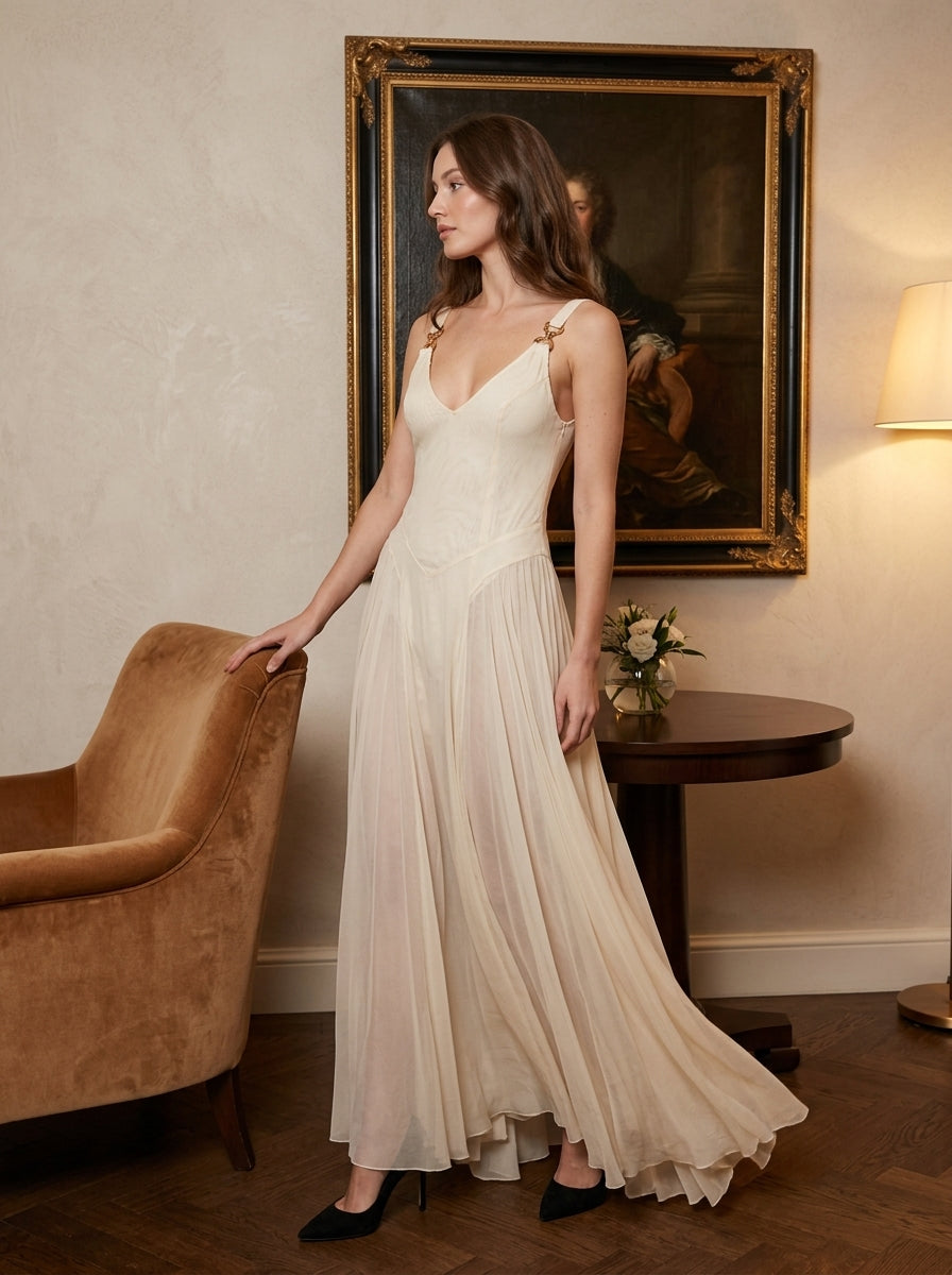 KoKodress Ivory Pleated Tulle Maxi Dress for Formal | detail-6.jpg