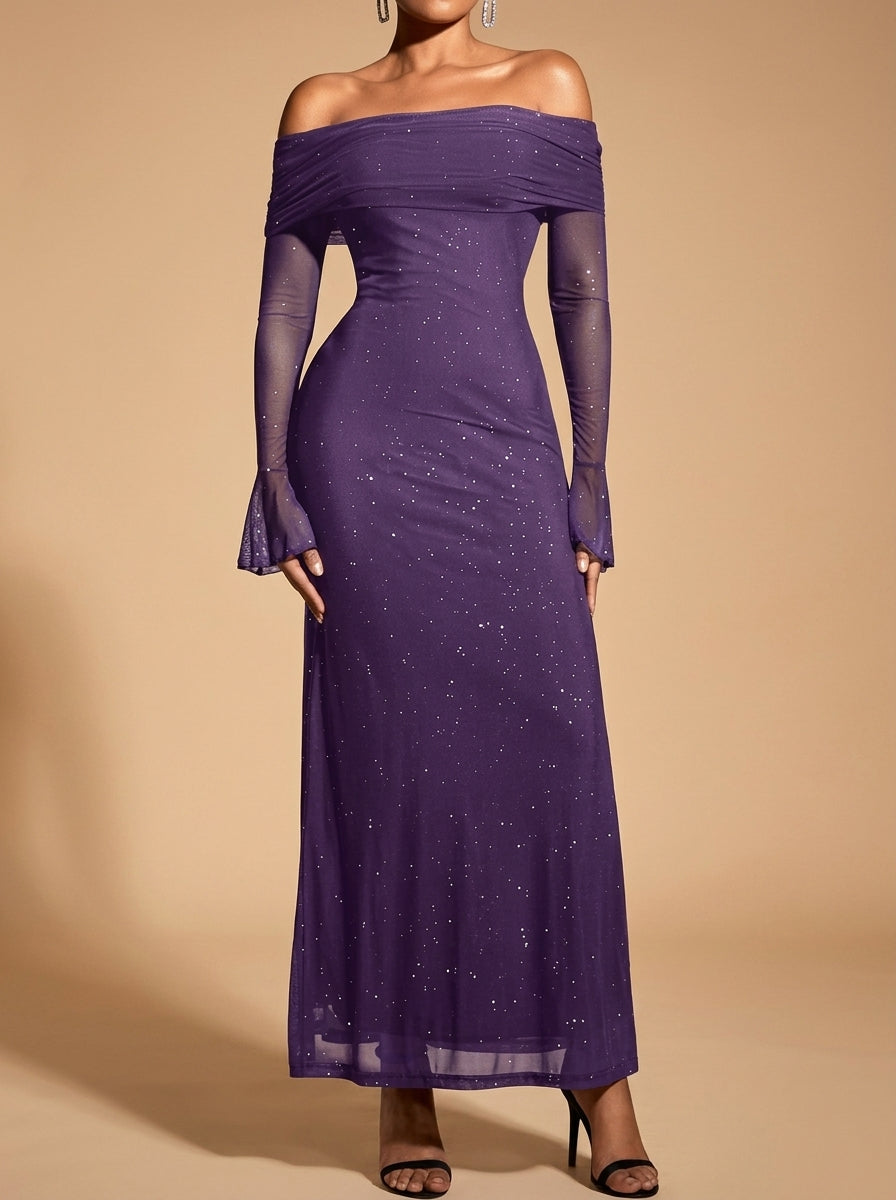 Kokodress Off-Shoulder Sparkly Flare Sleeve Maxi Dress for Evening