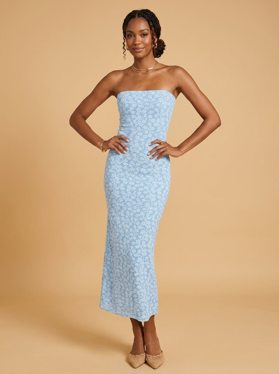 Kokodress Strapless Floral Lace Bodycon Midi Dress for Wedding Guest