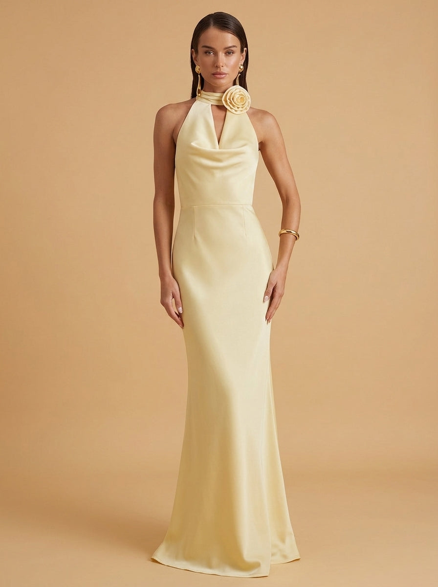 Kokodress Satin Halter Neck Maxi Dress with 3D Flower for Party