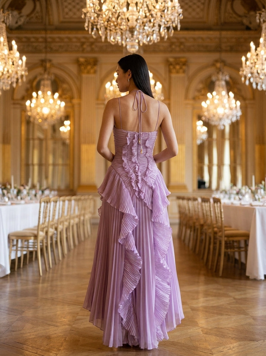 Kokodress Lavender Halter Pleated Ruffle Maxi Dress for Wedding Guest & Formal