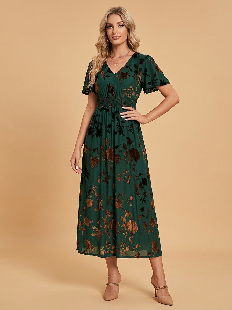 Kokodress Emerald Green V-Neck Smocked Floral Foil Maxi Dress for Wedding Guest