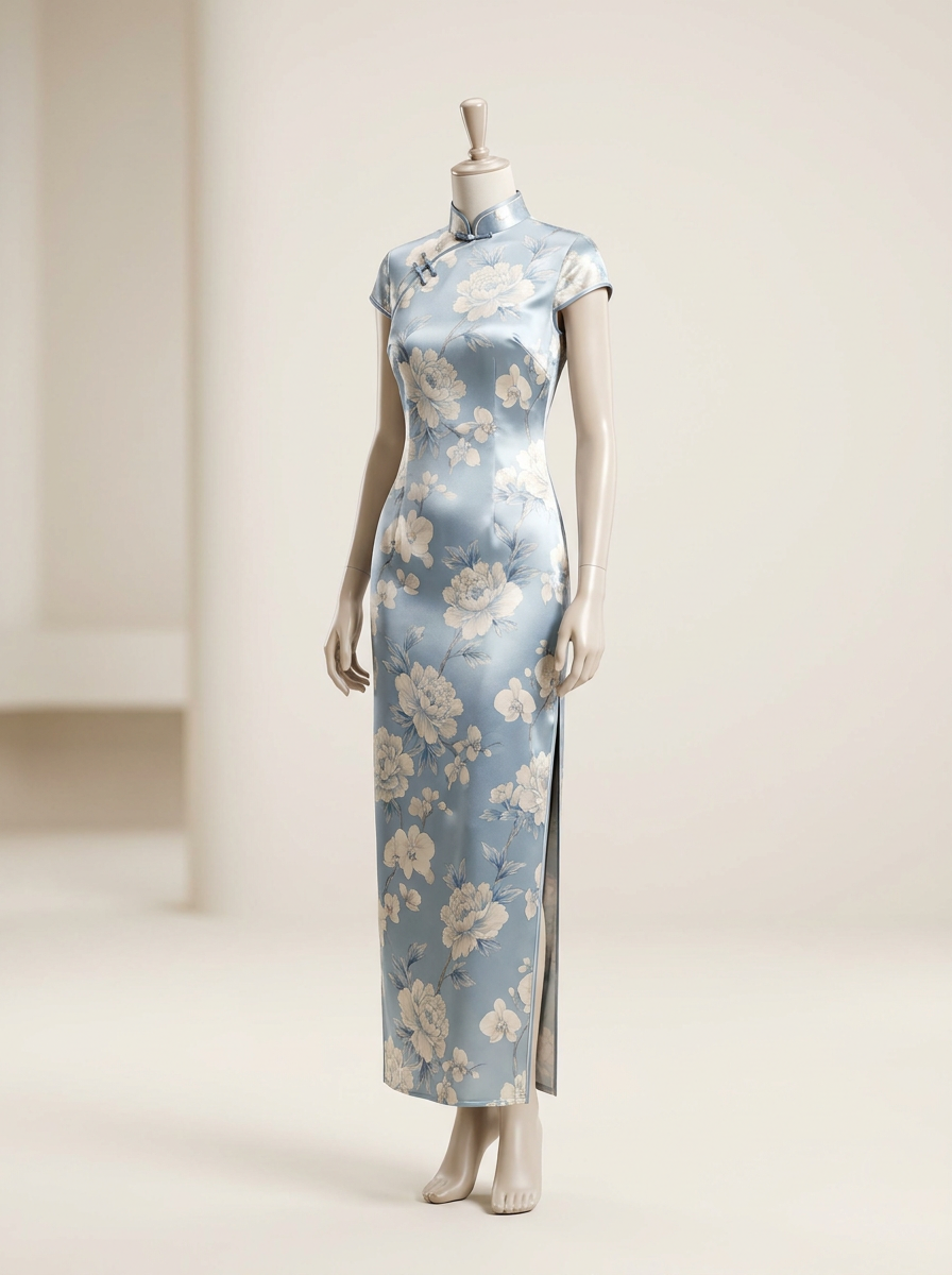 Floral Silk-Style Long Qipao - Kokodress AI product design render