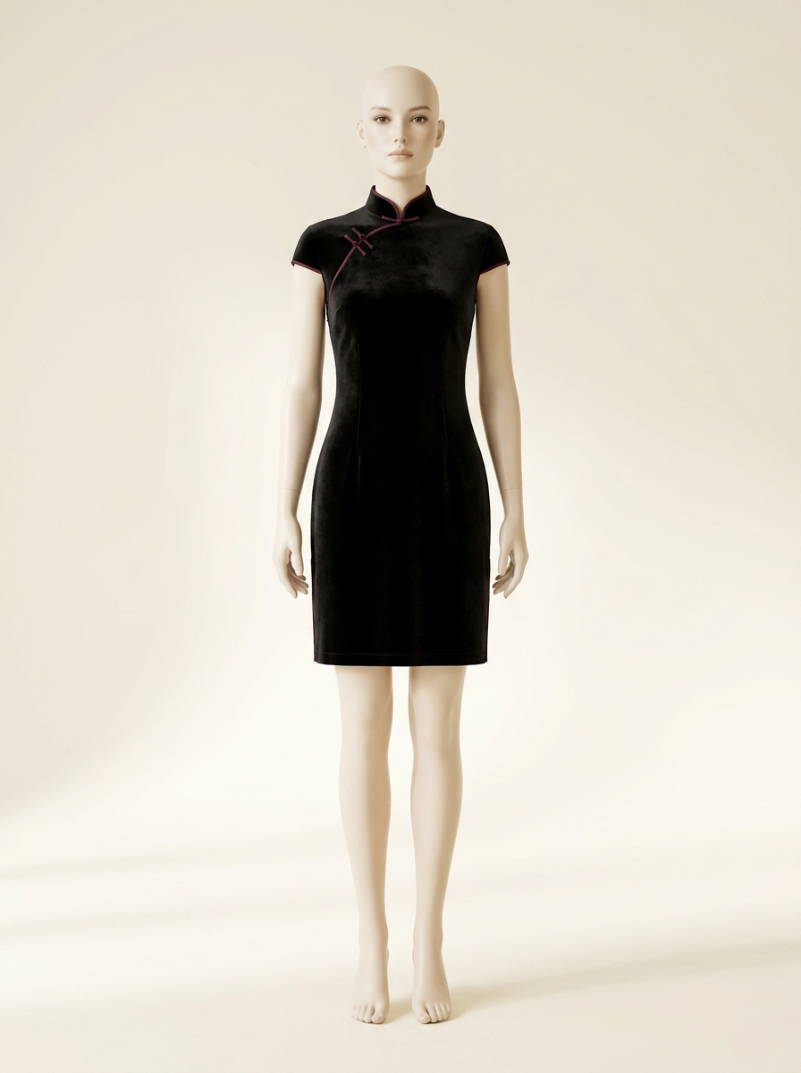 Black Velvet Cap Sleeve Short Qipao - Kokodress AI product design render