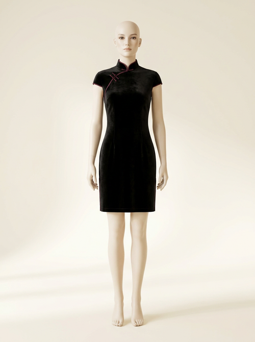 Black Velvet Cap Sleeve Short Qipao - Kokodress AI product design render