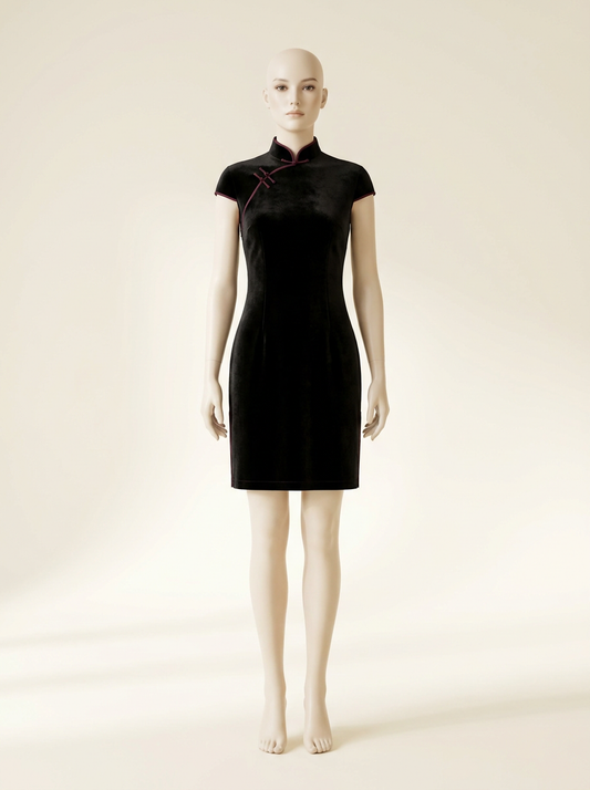 Black Velvet Cap Sleeve Short Qipao - Kokodress AI product design render