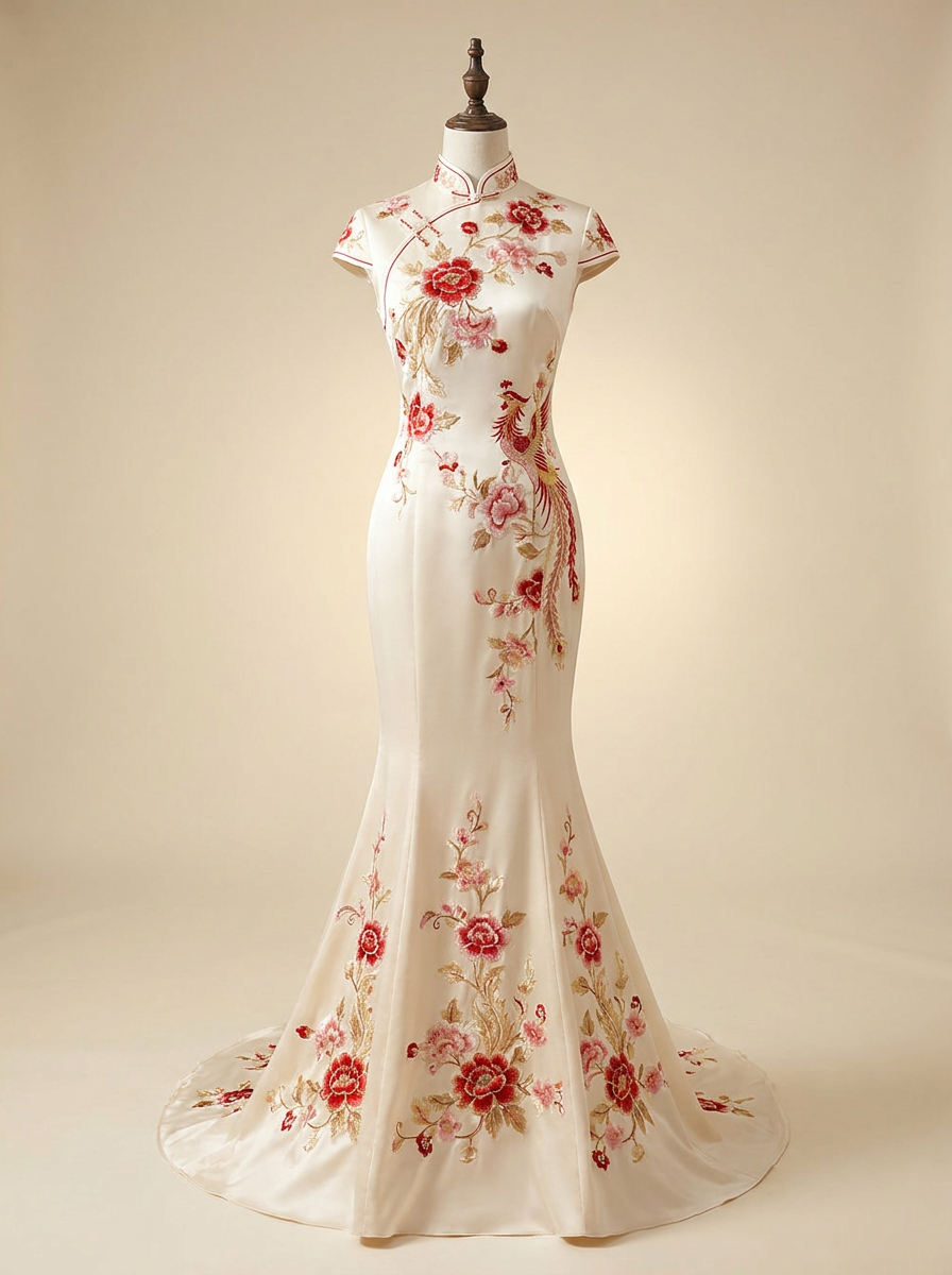 Floral Embroidery Mermaid Wedding Qipao - Kokodress AI product design render