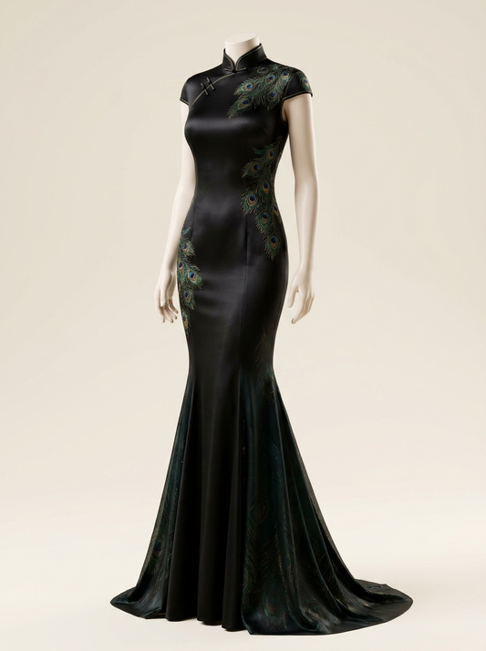 Peacock Tail Black Long Qipao