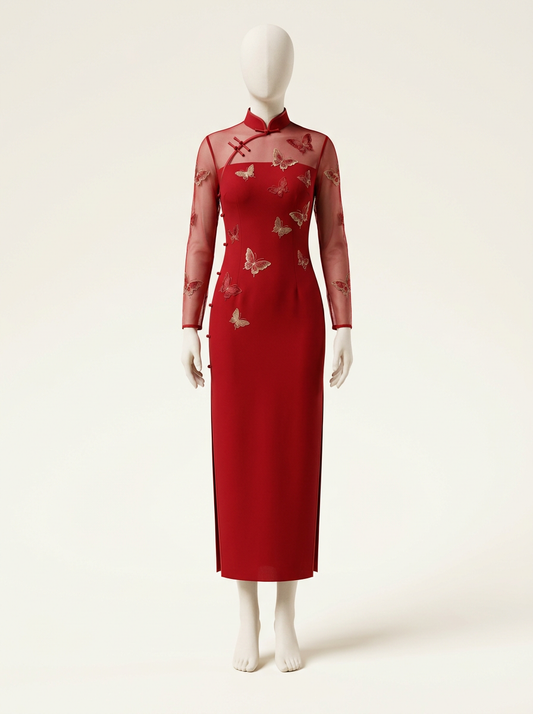 Red Butterfly Mesh Embroidered Long Qipao