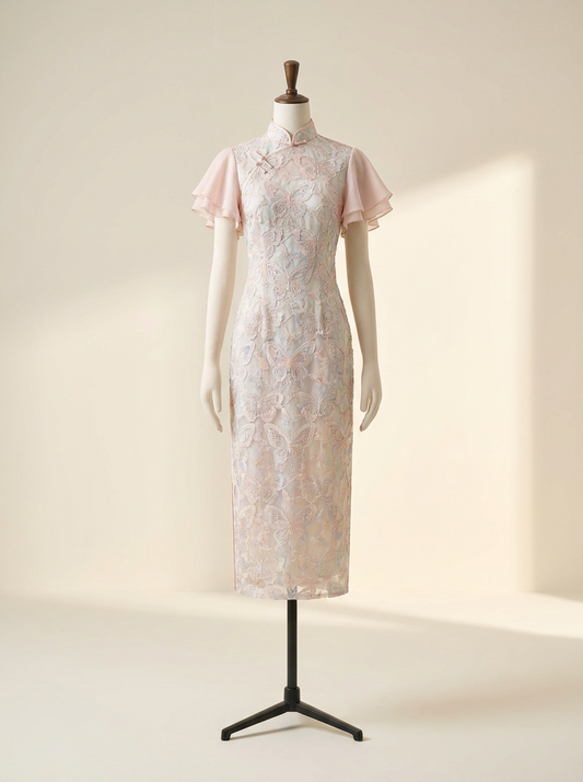 Butterfly Lace Midi Qipao with Lotus Sleeves