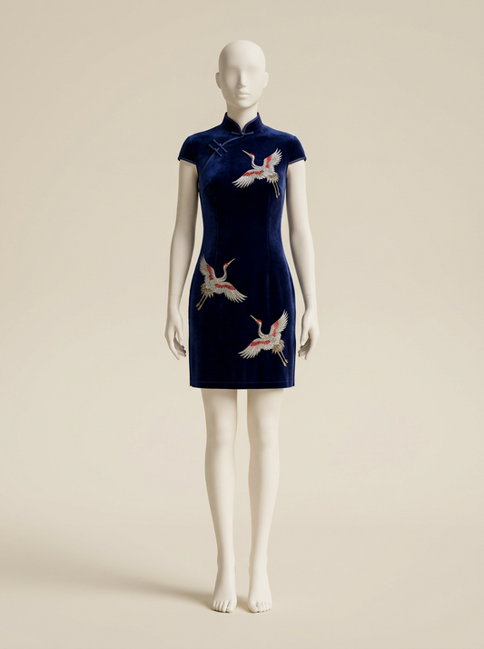 Crane Embroidery Velvet Short Qipao