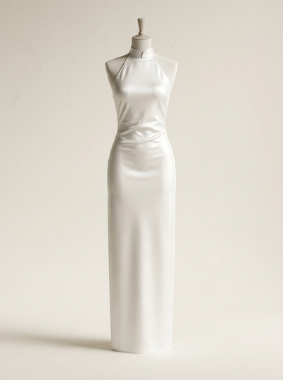 White Halter Satin Bridal Qipao