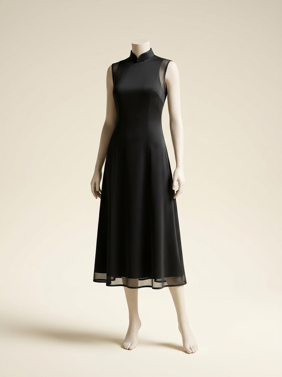 Sleeveless Black A-Line Mesh Qipao
