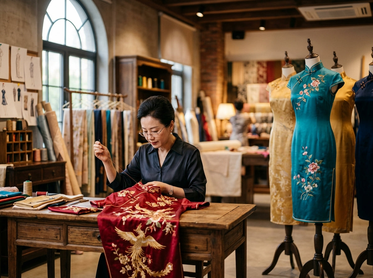 Master tailor working on a qipao dress in the atelier