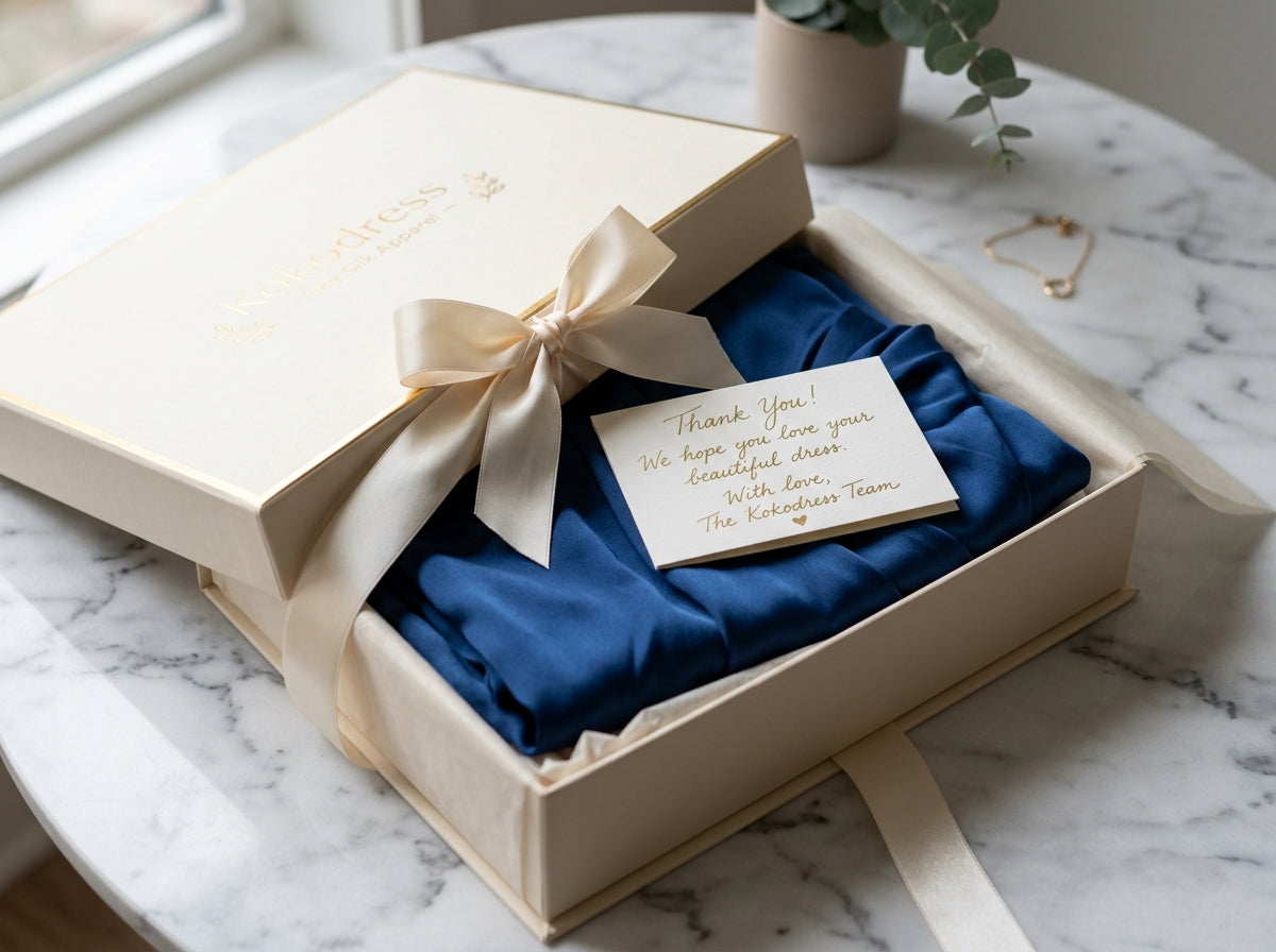 Beautifully packaged Kokodress box wrapped with ribbon
