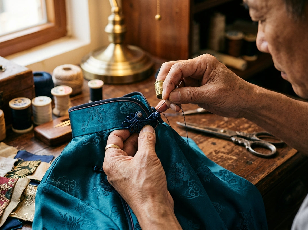 Tailor handcrafting traditional Chinese frog buttons