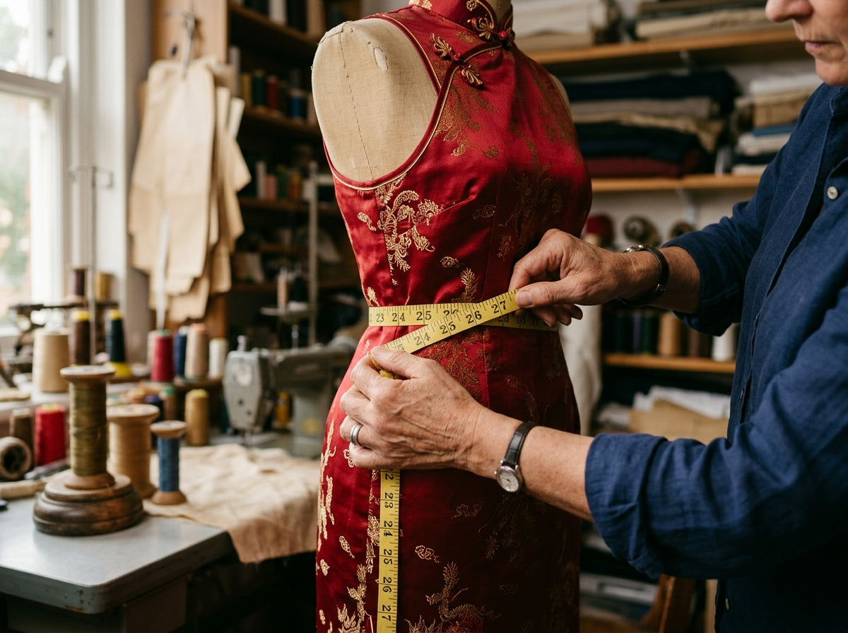Tailor measuring waist of a qipao dress on a mannequin